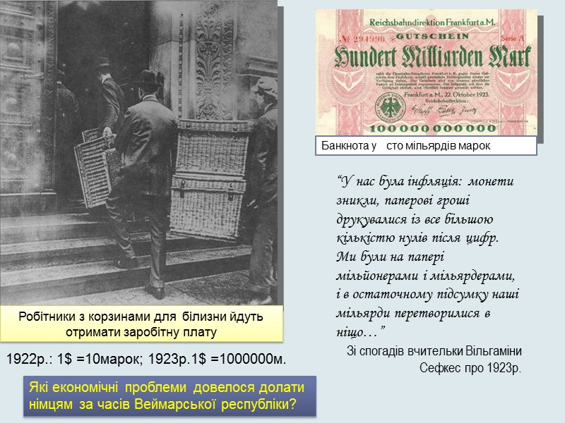 Банкнота у   сто мільярдів марок  Робітники з корзинами для  білизни